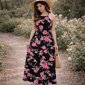 Floral Halter Maxi Dress in Black with Pink Blooms